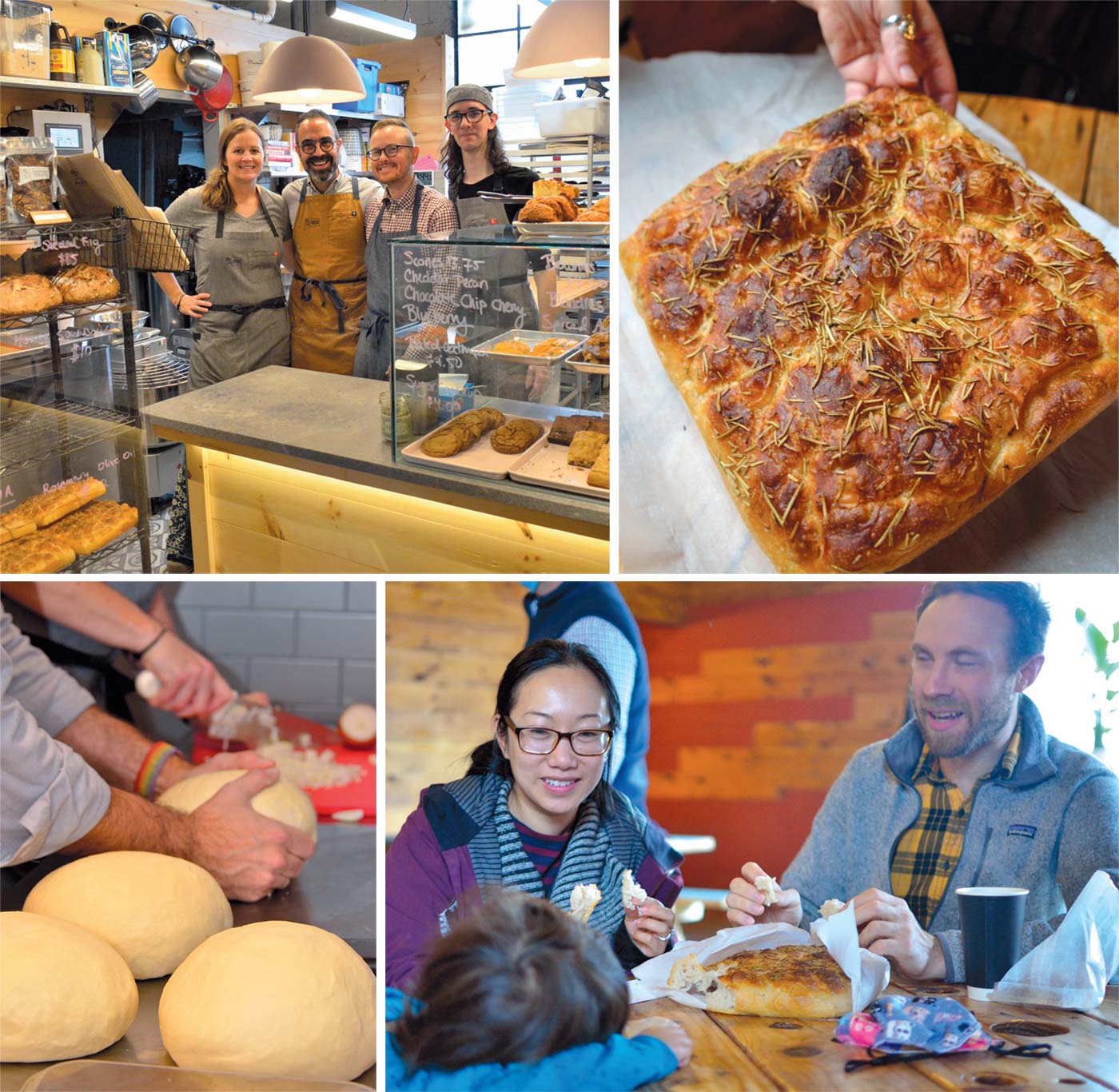 Clockwise: The team on a busy Saturday morning. Meg Poulin; Kevin Masse; Michael Grubb; Forrest Holt; Likely the most popular focaccia in the region, with olive oil, rosemary, & salt; Kim-Tuyen Truong, husband Glenn Levesque and their son stop at Small State every weekend; Forming the sourdough batard. Everything matters, from ingredients and oven to temperature of the environment and the baker’s hands.