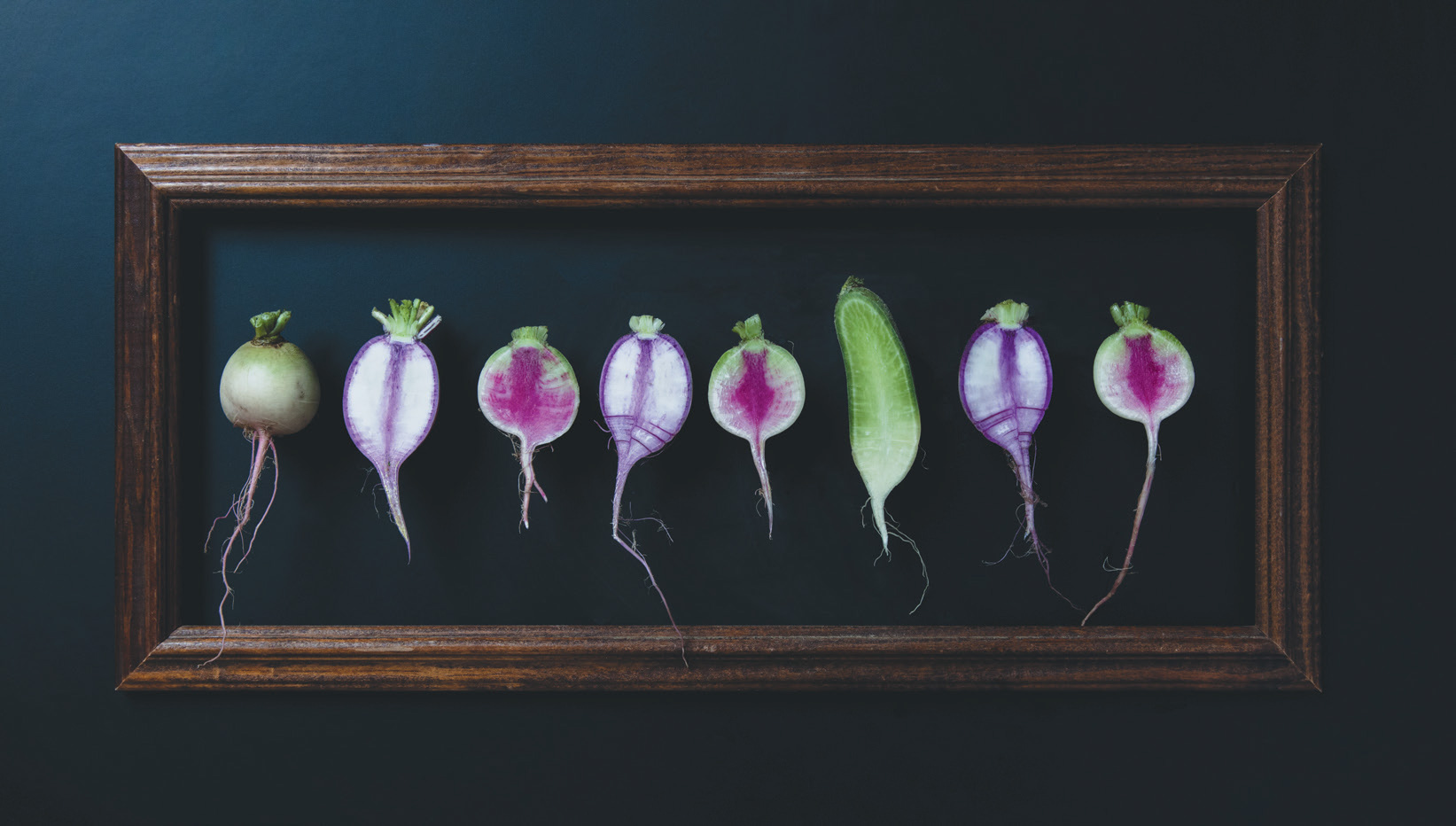 Variety of radishes, halved and framed