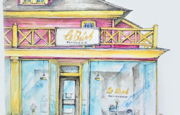 Agnes Wnuk illustrates the bakery storefront on a sunny spring day