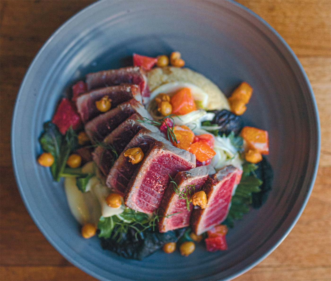Bluefin tuna, grilled radicchio, fennel, blood orange, chickpea & lemon tahini