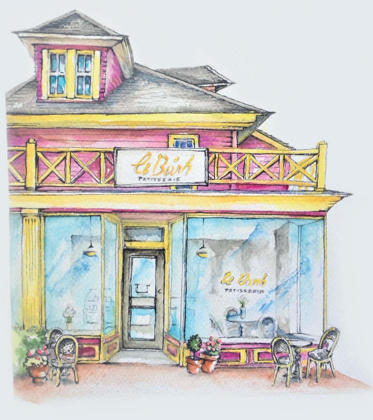 Agnes Wnuk illustrates the bakery storefront on a sunny spring day